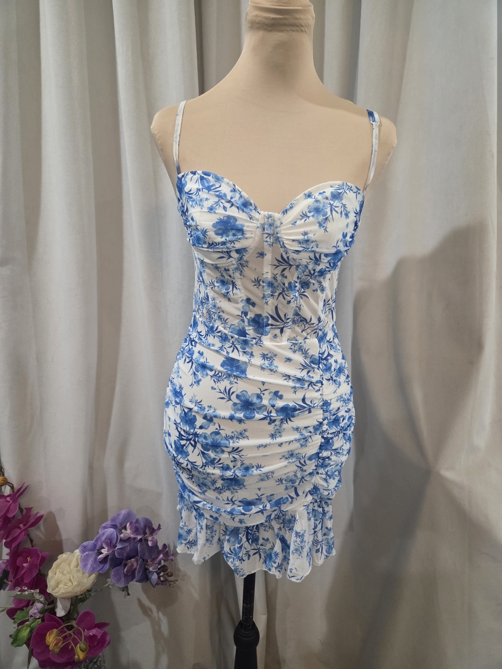 Blue Floral Sweetheart Mini Dress - Unbranded
